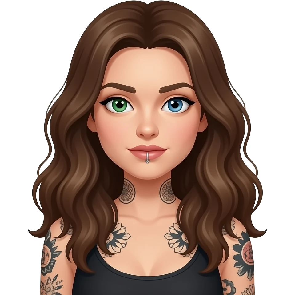 white long wavy haired brunette woman with one green eye one blue eye tattoos a philtrum piercing and a thin streak of grey hair emoji
