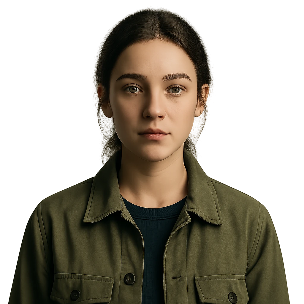 Create a centered portrait of the same woman with a calm expression, transparent background, in the style of a Netflix series. emoji