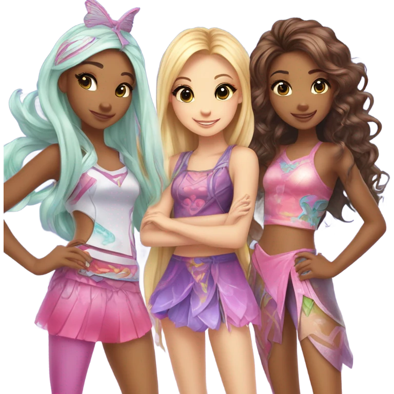 Four best friends girls clubbing in cute fairy outfits, all girls apart from one mixed race heritage: Chinese and white, winx inspired outfits and cute hair and fun accessories  emoji