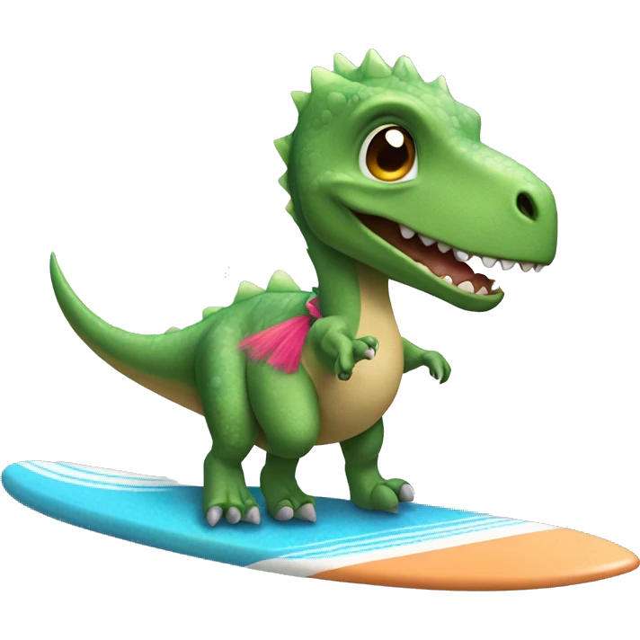 Dinosaur riding a surfboard with a tutu on emoji