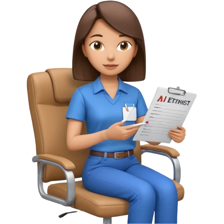 Generate an emoji of a female AI ethicist in blue shirt brown pant sitting in a chair and has a checklist stating AI ethics elements like stop bias, fairness score. I want 3d figurine emoji