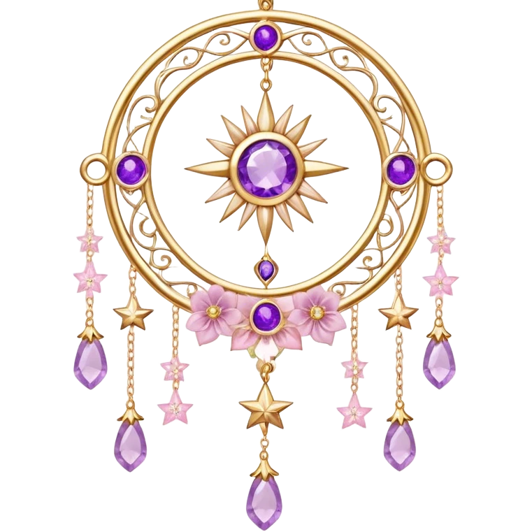 Epic Hanging gold suncatcher, threads with shiny sparkly amethyst and rose-quartz gemstones, flowers, moons, stars, emoji