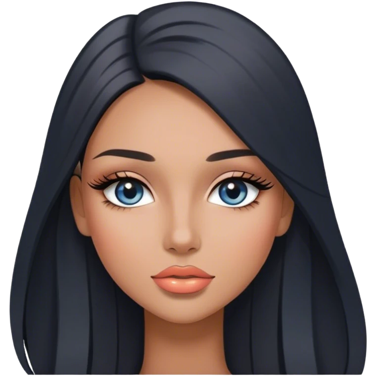 Glamours, tanned, very beautiful girl, with big pump peach-beige-rose lips, long long lashes, black straight smooth silky long hair, straight parting hair, blue-grey eyes emoji