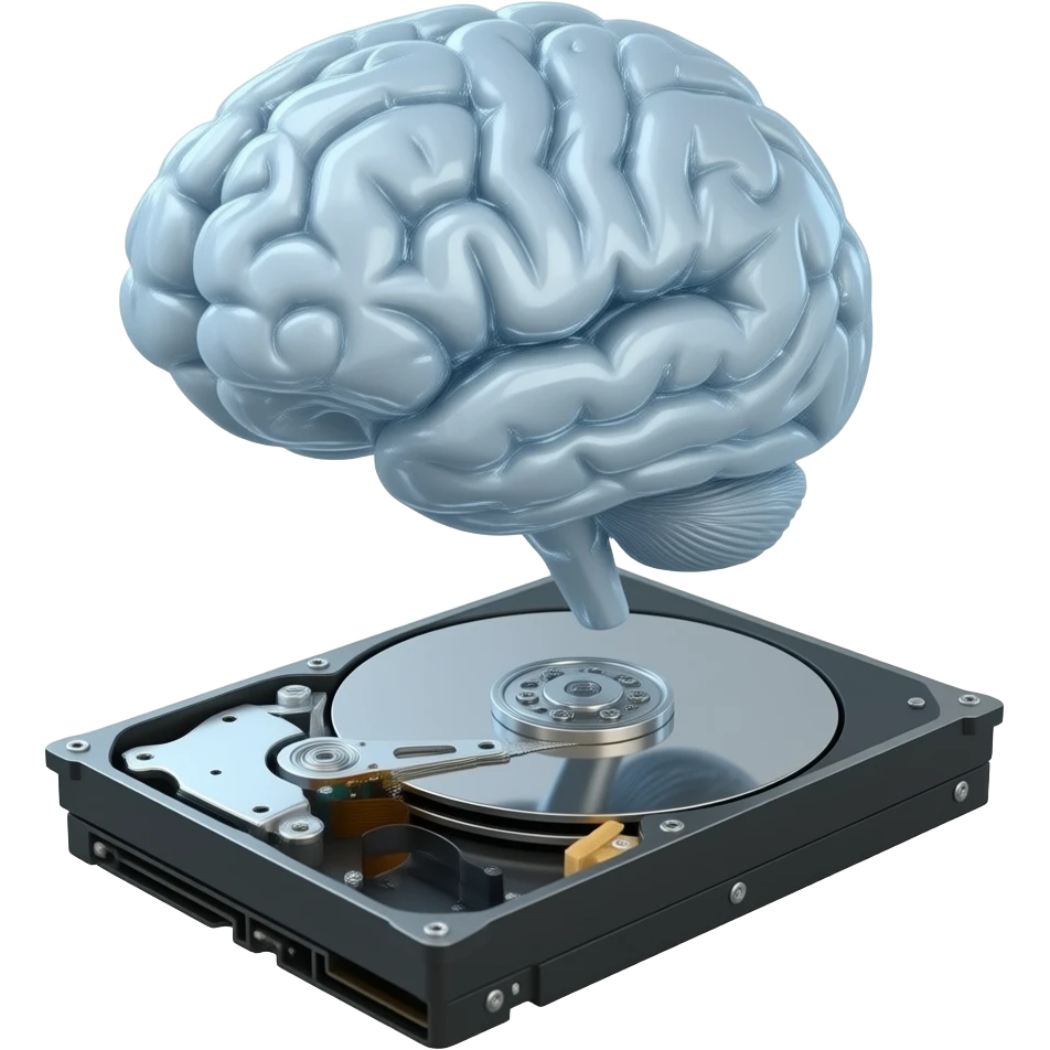 transparent synthetic brain floating on hard drive emoji