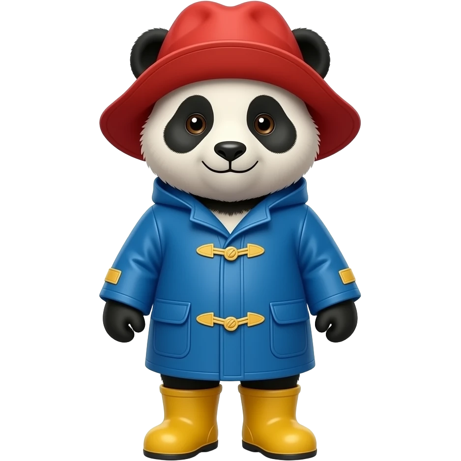 Panda with Paddington blue  raincoat and rain boots with poddington red hat emoji