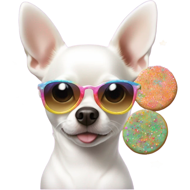 White Chihuahua with aviator sunglasses and a sprinkle cookie emoji