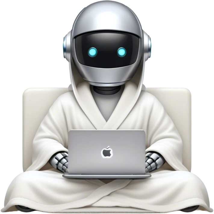 An emoji of a remote-working robot, sitting comfortably with coffee and laptop wrapped in a cozy bathrobe. The robot's head resembles a sleek, futuristic helmet with a smooth, reflective surface. Its eyes are not human-like but rather glowing digital slits or circular LED indicators. emoji