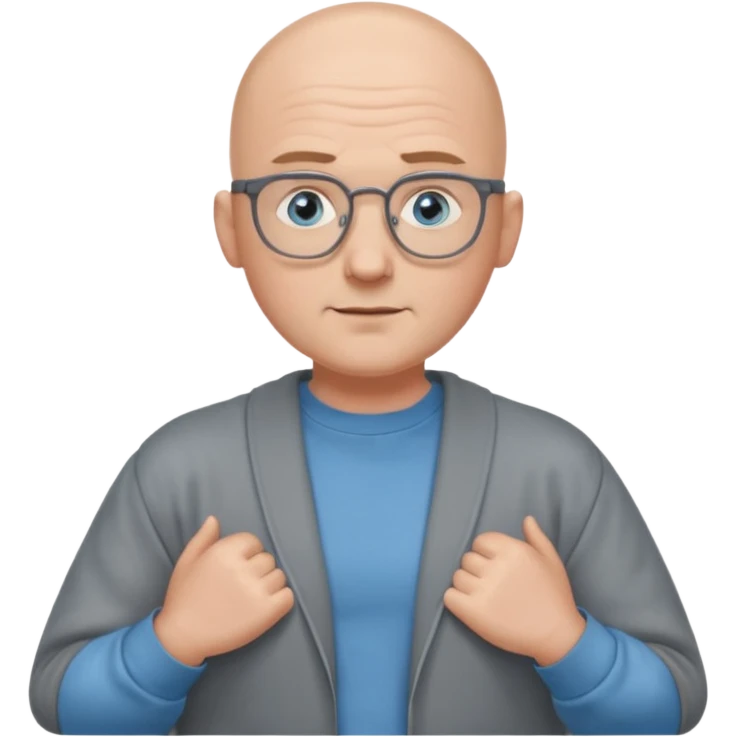 bald man with blue eyes and eye glasses big shrugging emoji