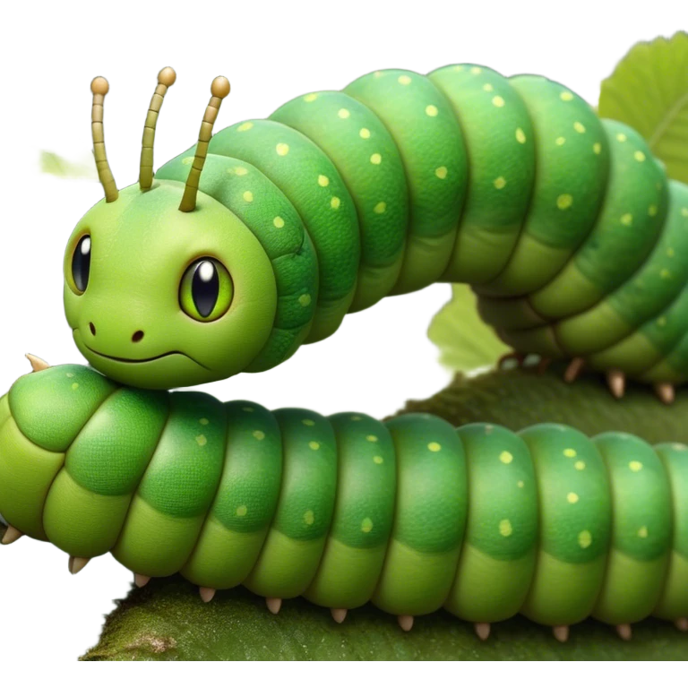 Cinematic Realistic Noble Caterpillar Portrait Emoji, Poised and serene, with a slender, segmented body covered in vivid, detailed green scales accented by subtle natural patterns, and a tiny, focused face with delicate, inquisitive eyes, rendered with lifelike texture and soft natural lighting, high shine, intelligent and delicate, styled with an air of woodland elegance, focused and attentive, soft glowing outline, capturing the essence of a watchful and confident looper caterpillar that appears ready to inch gracefully out of the screen with natural authority! emoji
