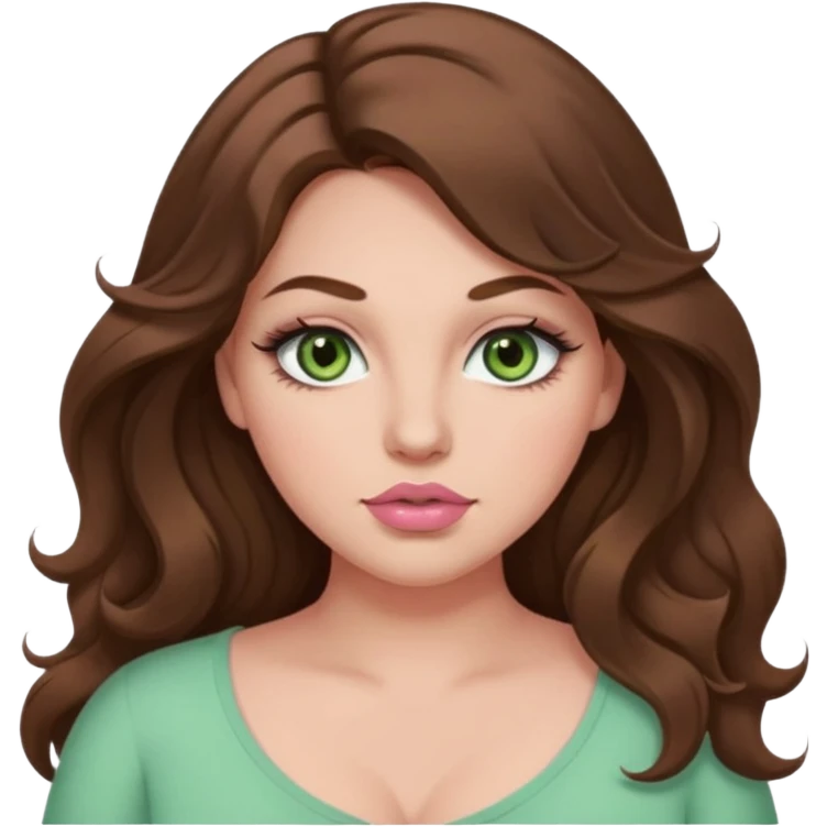 Girl girl long wavy brown hair, pale green eyes, plus size, thick eyelashes, tan skin, pale pink lips emoji
