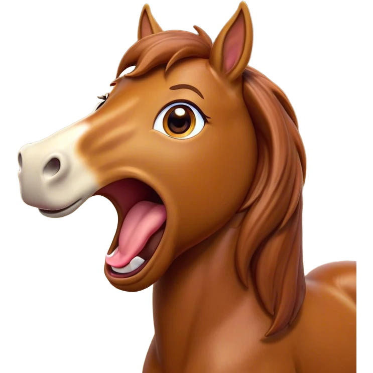 Cinematic Cute Yawning Chestnut Horse Portrait Emoji, Head tilted slightly with a dramatic, wide-open yawn, revealing a smooth chestnut fur with a subtle shimmer, floppy ears slightly drooping, round amber eyes barely open in drowsy contentment, Simplified yet irresistibly adorable features, highly detailed, glowing with a soft, cozy glow, high shine, relaxed yet expressive, stylized with a touch of equine whimsy, bright and endearing, soft glowing outline, capturing the essence of a sleepy yet affectionate horse, so drowsy it feels like it could stretch out of the screen and curl up for a nap! emoji