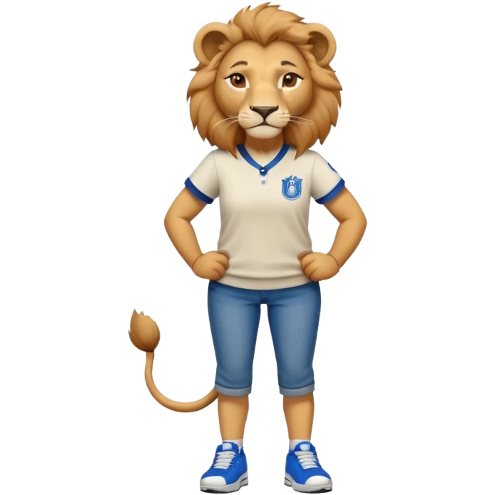 friendly anthropomorphised female lion wearing a baseball shirt, jeans, trainers, standing upright with arms folded, looking strong and confident emoji