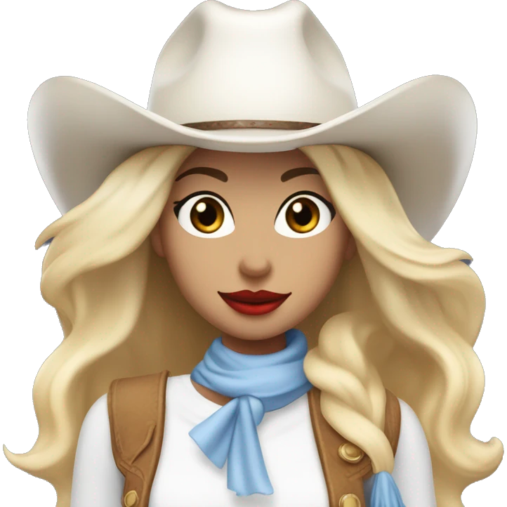 cowgirl with a white cowgirl hat and white scarf and blonde blowout with red lipstick and blue eyes and a dimple and a white top emoji