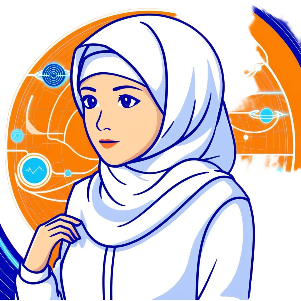 woman with white hijab in blue outfit, gazing forward, encircled by futuristic holographic screens displaying AI visualizations, quantum data patterns, circuit networks, high-tech metaverse elements emoji