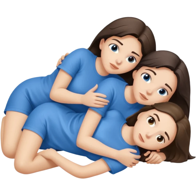 two white brunette women lying down full body on top of each other wrapped around each other one wearing a blue shirt they should be melting into each other emoji
