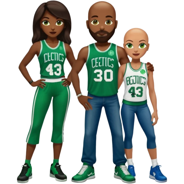 48-year-old dark skin black woman with brown eyes, long dark brown hair dressed in sexy 
celtics jersey costume outfit wearing stilettos. A bald white man with ginger beard. he has blue/green  eyes, wearing a Jason Tatum Boston Celtics Jersey, jeans & green Nike sneakers  emoji