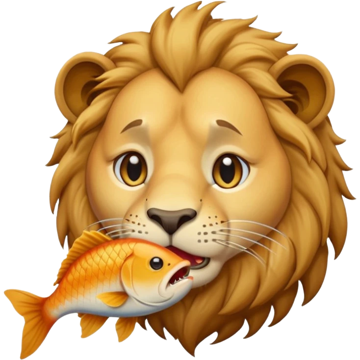  A lion eating a fish, feeling sad, cry, tear falling from eyes, portrait, bust up emoji