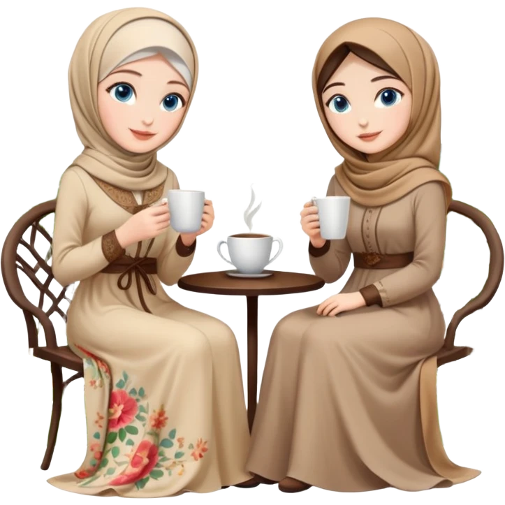 Turkish beautiful finish Konya girls blue eyes with Beautiful beige floral hijab long tail dress and the two friends in a lovely garden sits on the chair on the ground and holds cup coffe with her hand  emoji