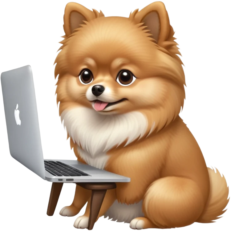 A cute Pomeranian dog working on a MacBook, side view, sitting on a chair, focused expression emoji
