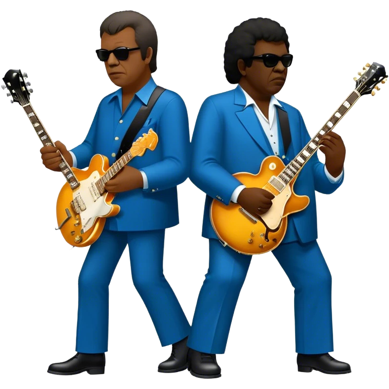 Icon for Blues Music: close-up collage of legendary blues artists. Gary Moore, Eric Clapton, B.B. King and Joe Cocker. Represented by silhouettes or symbolic items like guitars, microphones, or music notes, reflecting the soulful energy of blues music. Transparent background. emoji