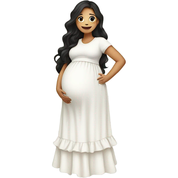 A pregnant girl with long dark hair in a white dress with ruffles looks at her pregnant belly, hugs it with her arms and smiles emoji