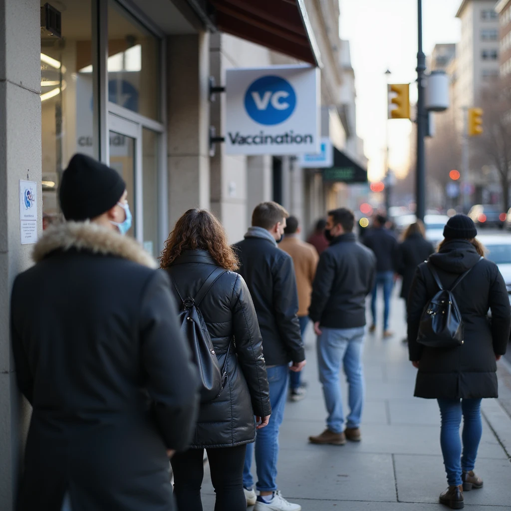 people in line outside a modern clinic or vaccination center, some masked, some talking, clear vaccination sign, urban or suburban setting, soft light, photo-realistic, documentary style, 4K resolution emoji