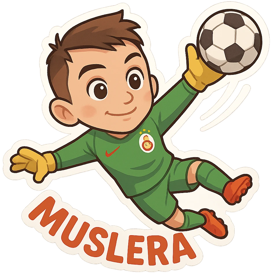Muslera making a save in a dynamic pose, in Galatasaray colors, fun and caricature style emoji