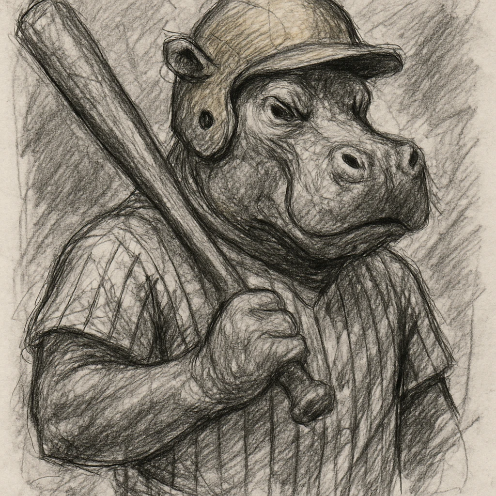 hippo holding a baseball bat, wearing a yellow helmet, pinstripes outfit emoji