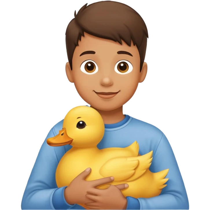 Yellow stuffed animal duck being held by a happy boy emoji