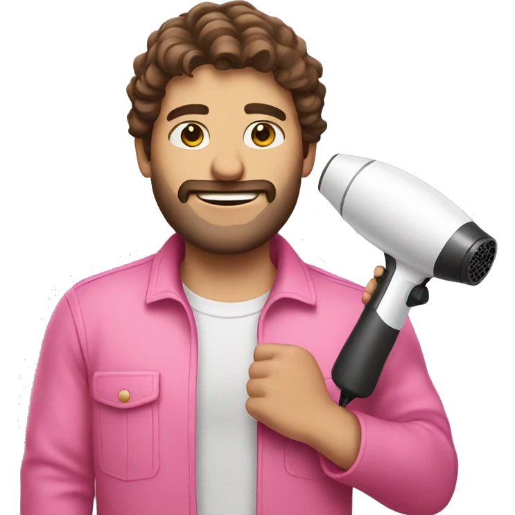 Man with brown hair and pink outfit and hairdryer emoji