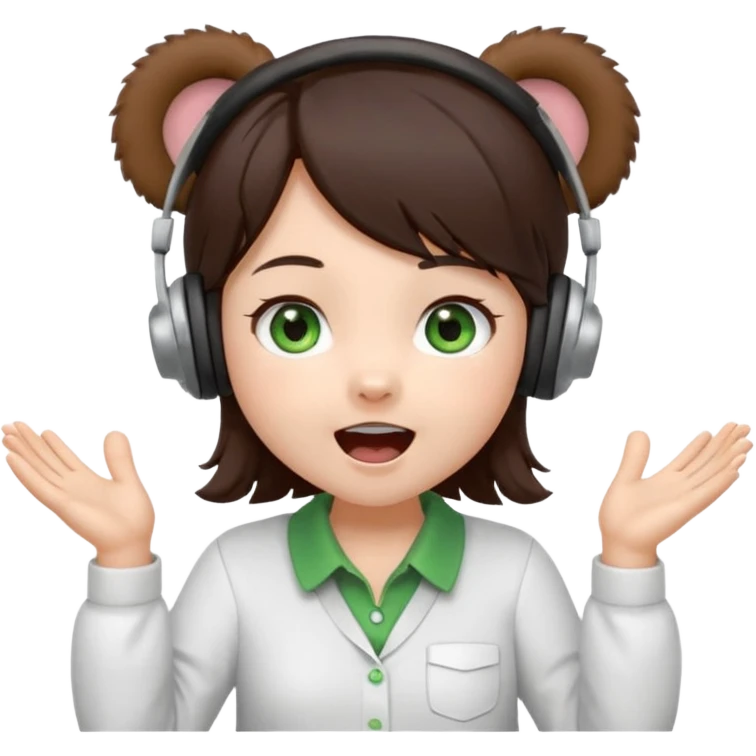 Chibi girl, dark brown hair, green eyes, wearing a white shirt and small brown bear ears on a headset, with wide happy surprised eyes and mouth and clapping excitedly emoji