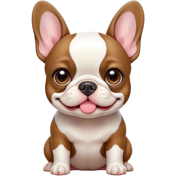 Cinematic Cute Pied French Bulldog Portrait Emoji, Head tilted with a sweet, mischievous grin and large, inviting eyes, featuring a unique pied fur of contrasting colors, simplified yet irresistibly endearing, highly detailed, glowing with a warm, playful radiance, high shine, exuding a quirky charm and affectionate personality, styled with a soft, lighthearted outline, capturing the essence of a cute Pied French Bulldog that looks ready to charm its way into your heart! emoji