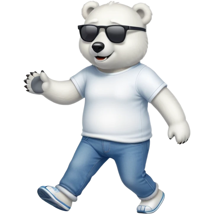 friendly anthropomorphised polar bear in jeans and a t-shirt, wearing dark sunglasses, jogging upright, relaxed pose emoji