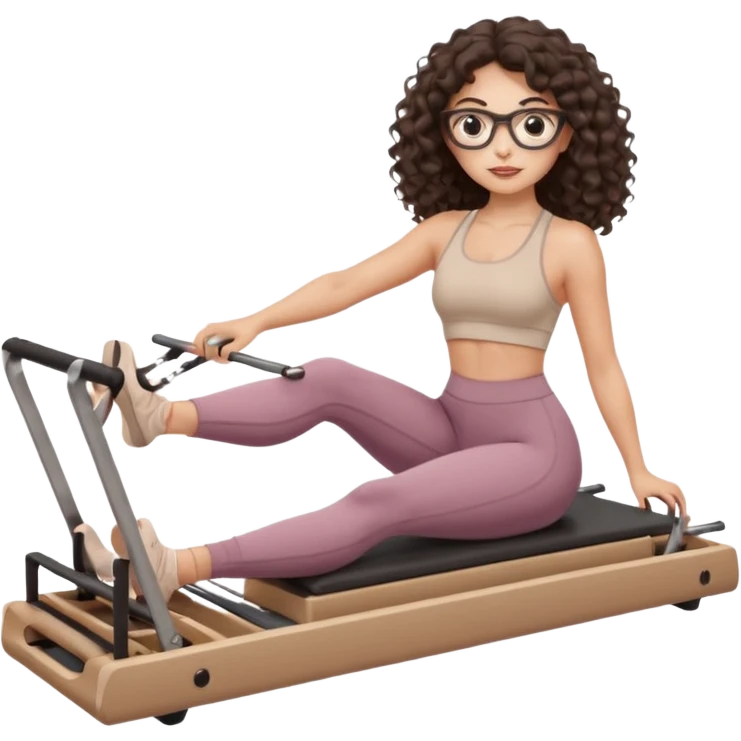 Memoji-style girl with long dark brown curly hair, round glasses, large brown eyes, soft rounded face,makeup, warm beige skin tone, wearing Pilates activewear performing Pilates and reformer Pilates exercises on a reformer machine, pastel color palette, smooth soft shading emoji