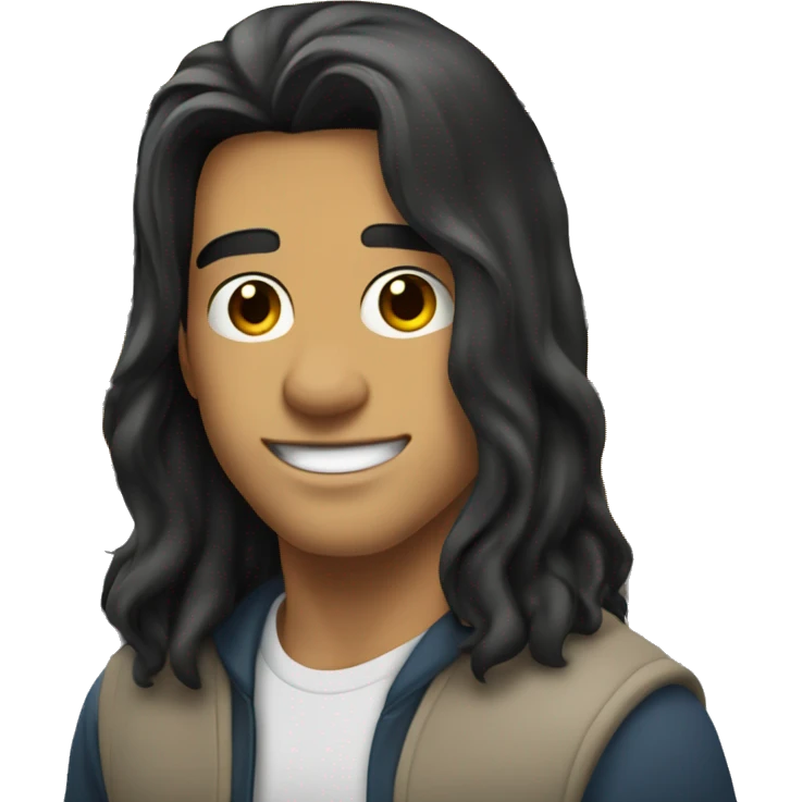handsome man with long black hair combed back, leaning back against the school bus, white-skinned American emoji