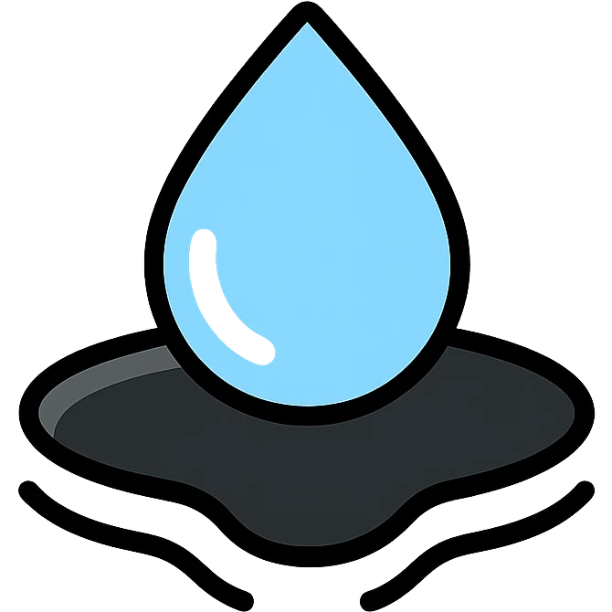 light blue or silver water droplet sliding on glossy black mirror-like paint, main color glossy black, subtle repellent effect with water lines moving away, modern and clean icon emoji