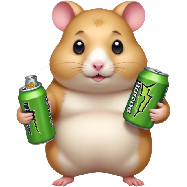 Funny cartoon-style fat hamster with big wide eyes  holding a can of monster energy in one hand and redbull in the other hand emoji