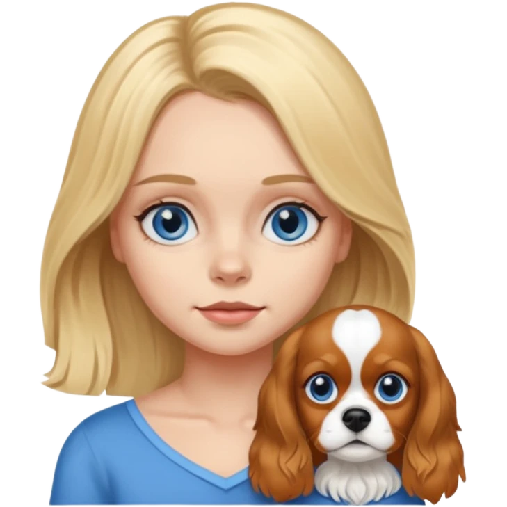 Blonde pretty girl with blue eyes and dog King Charles spaniel Blenheim  emoji