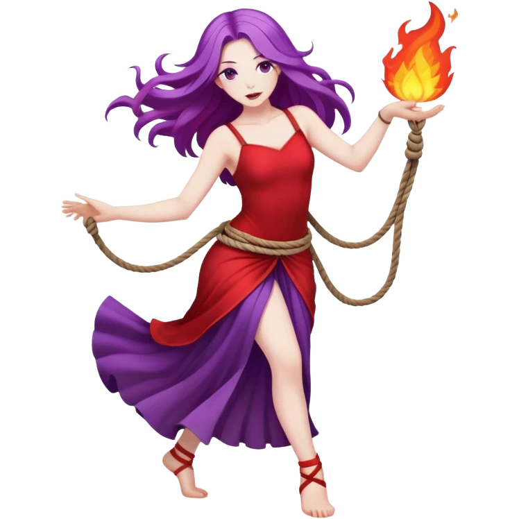 Full body rope on fire dance performer pale skin with long purple hair red dress emoji