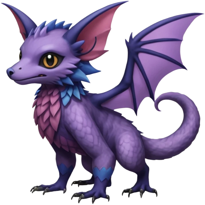 Realistic scaly swampy elemental detailed Colorful Trico-Noibat-Golbat-acrobat-Sergal-Furret-Ferret-Gryphon-Vernid-furry-fursona-fusion-Fakemon-animal-hybrid-creature, full body emoji