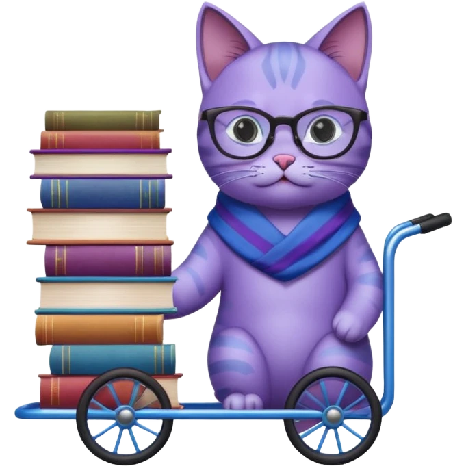 Purple and blue cat with reading glasses and a shawl, standing behind a 4 wheeled pushcart full of books emoji