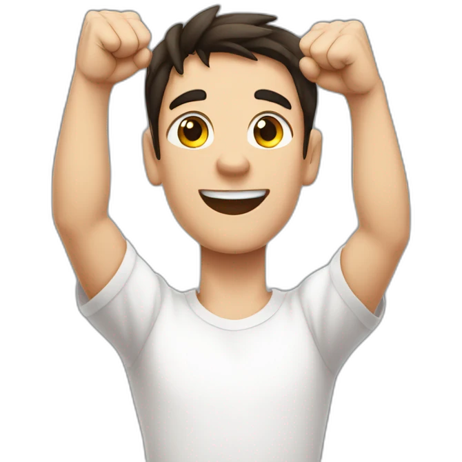 dark haired white young man in white t-shirt with both fists stretched high in victory emoji