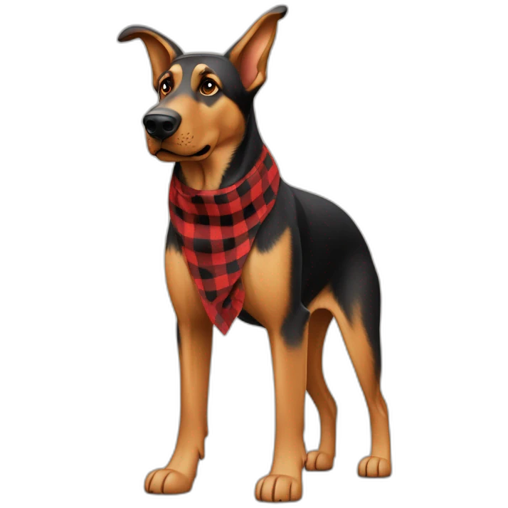 adult 75% Coonhound 25% German Shepherd mix dog with visible tail wearing small pointed red buffalo plaid bandana full body walking left quickly emoji