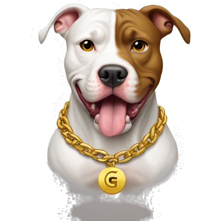 A dog pitbull with a aggressive face and wearing big gold chain on that says G emoji