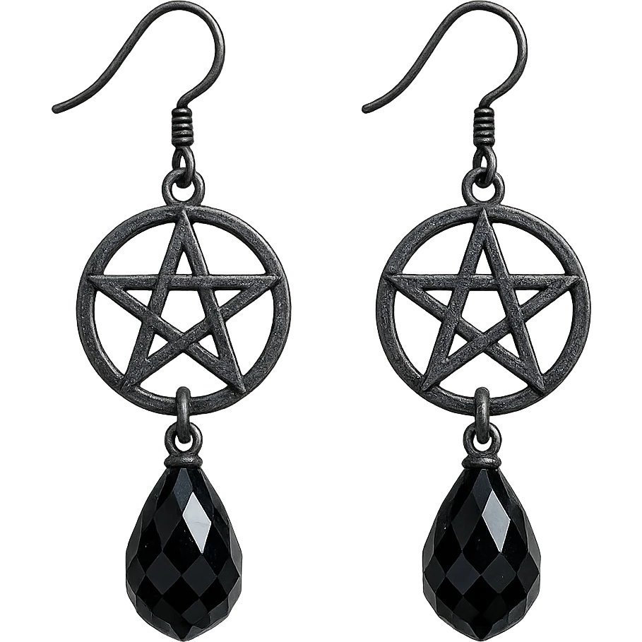 goth earrings, black crystal pentagram, occult gothic style, shimmering emoji