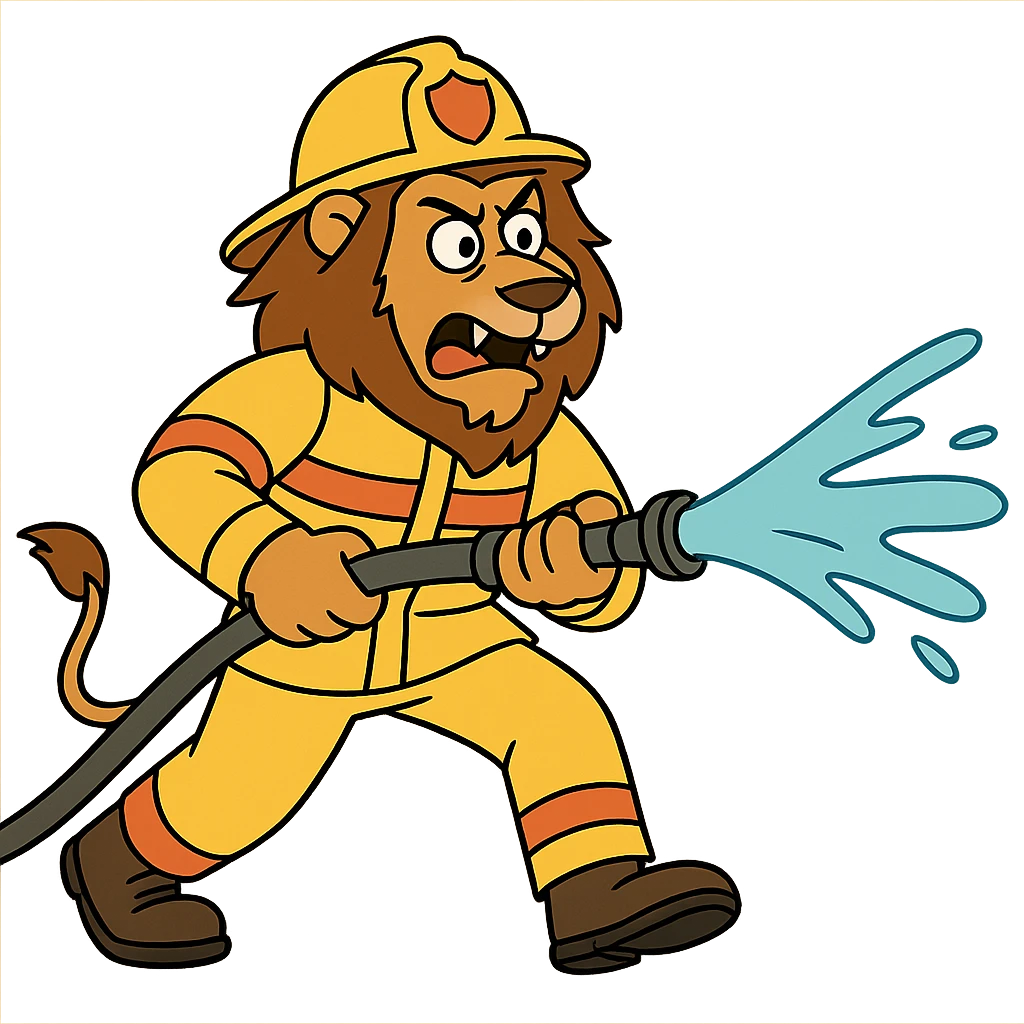 lion fireman spraying water, dynamic action, bold lines emoji