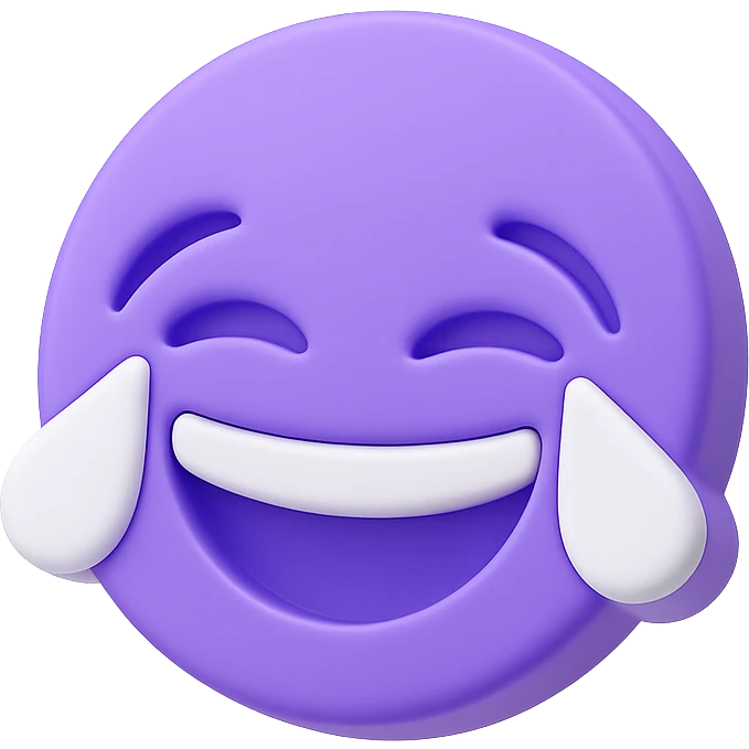Create a 3D purple sticker with a laughing expression, transparent background. emoji