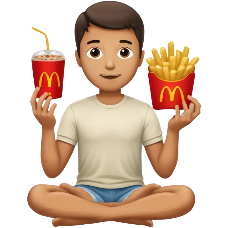man in lotus pose eating McDonalds burger and fries emoji