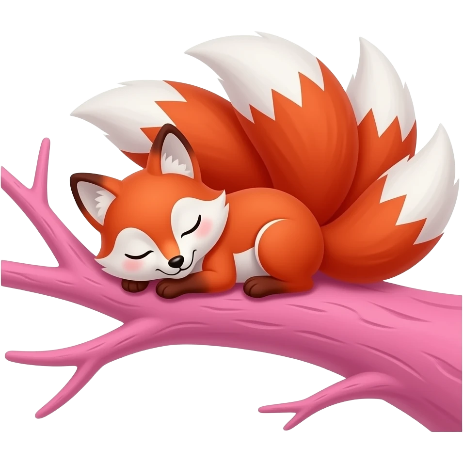 red and white nine tailed fox sleeping inside a pink tree branch emoji