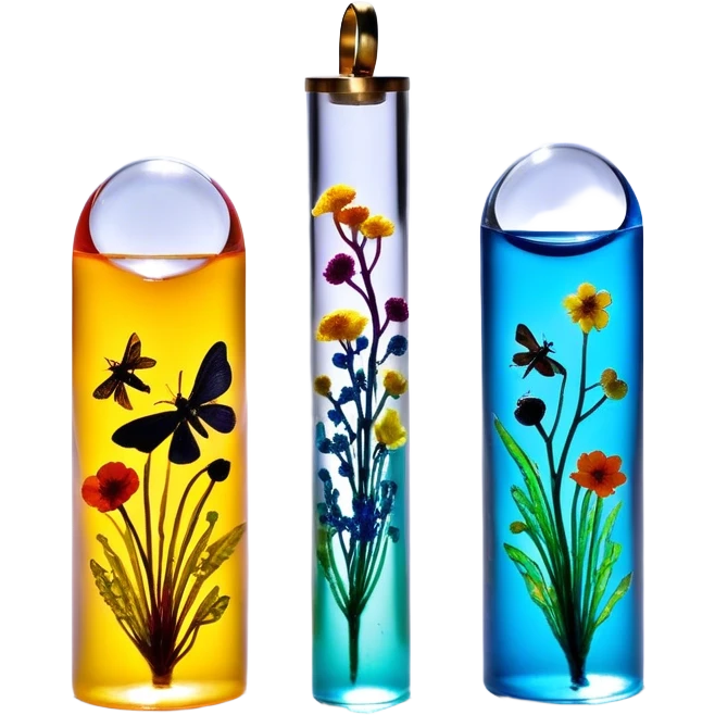 Create an icon that represents decorative arts using epoxy resin in tubes. The design should feature colorful tubes of resin, including fluorescent resin tubes, with visible drops or strokes of resin being applied to create intricate designs. Include finished resin jewelry pieces, such as pendants or rings, containing preserved flowers and insects encased in clear resin. The composition should feel vibrant, artistic, and delicate, showcasing the unique beauty of resin art with natural elements. The background should be transparent emoji